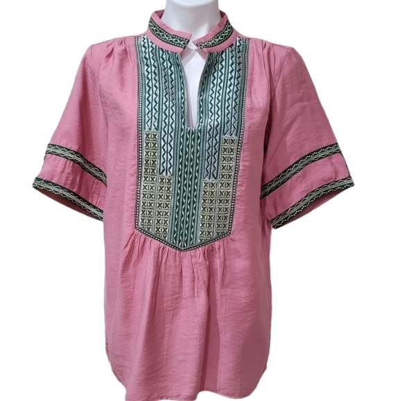 mazik Tops - Mazik Bohemian Short Sleeve Pink Top Metallic Embroidered Aztec Accent Women's S